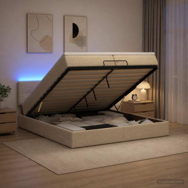 Ottoman-Bett mit Matratze und LED Creme 200 x 200 cm Stoff