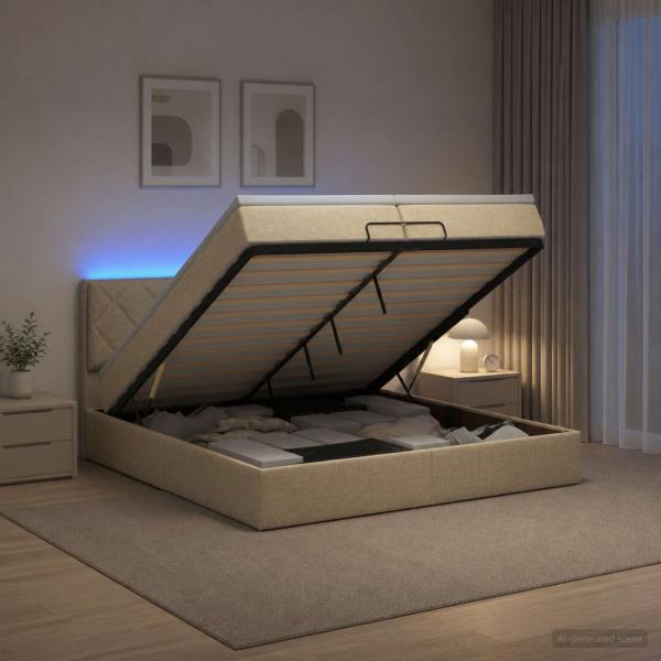 ARDEBO.de - Ottoman-Bett mit Matratze und LED Creme 200 x 200 cm Stoff