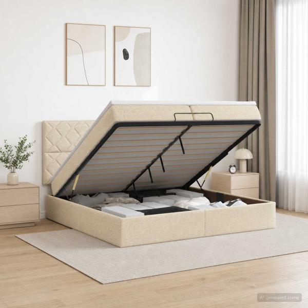 ARDEBO.de - Ottoman Bett mit Matratze mit Kopfteil Creme 200 x 200 cm Stoff