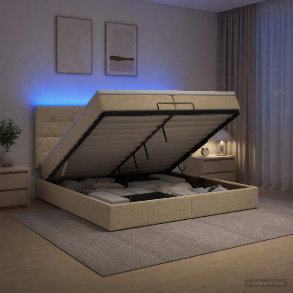 ARDEBO.de - Ottoman-Bett mit Matratze und LED Creme 200 x 200 cm Stoff
