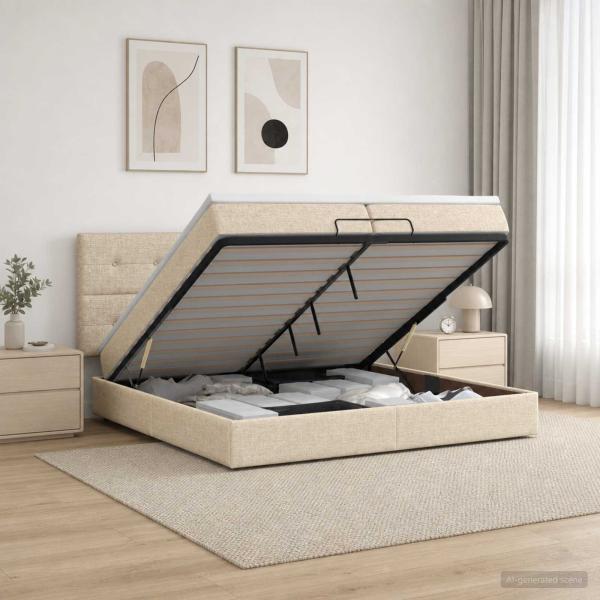 Ottoman-Bett mit Matratze und LED Creme 200 x 200 cm Stoff