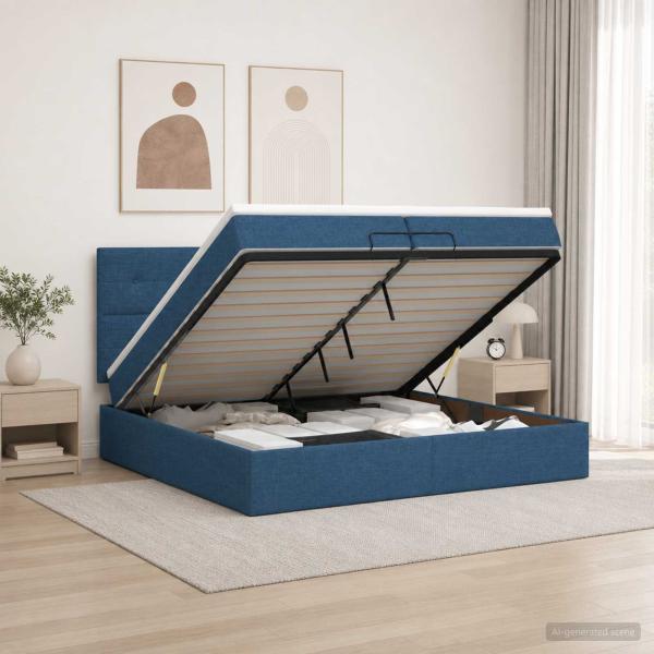 Ottoman-Bett mit Matratze und LED Blau 200 x 200 cm Stoff