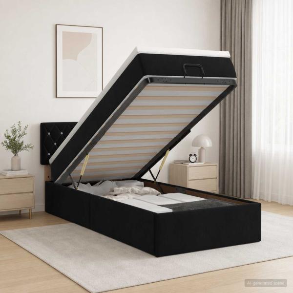 Ottoman-Bett mit Matratze und LED Schwarz 90 x 190 cm Samt
