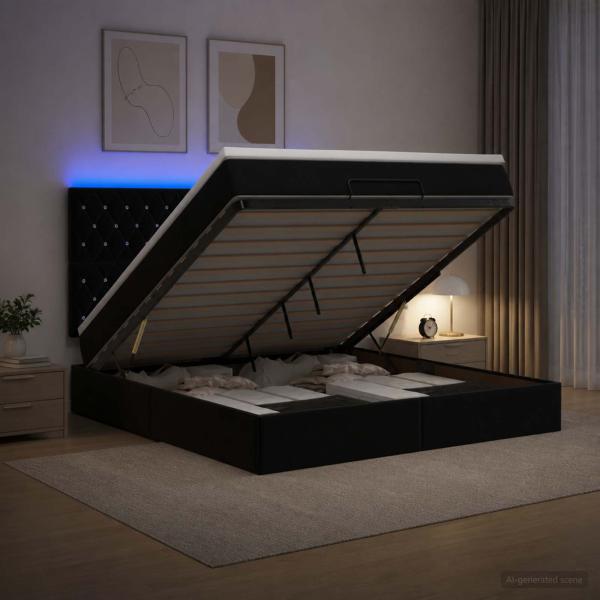 ARDEBO.de - Ottoman-Bett mit Matratze und LED Schwarz 180 x 200 cm Samt