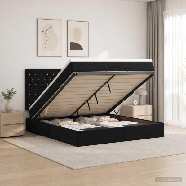 Ottoman-Bett mit Matratze und LED Schwarz 180 x 200 cm Samt