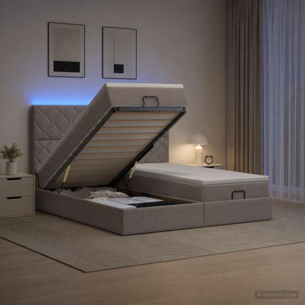 ARDEBO.de - Ottoman-Bett mit Matratze und LED Taupe 180 x 200 cm Stoff