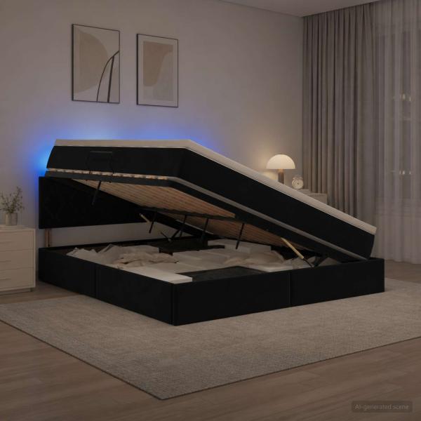 LED-Speicherbett mit Matratze Schwarz 180 x 200 cm Samt