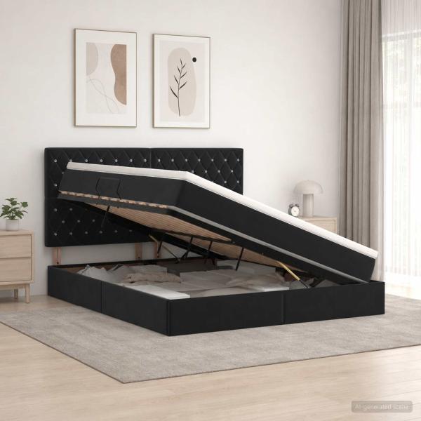 ARDEBO.de - Aufbewahrungsbett mit Matratze Schwarz 180 x 200 cm Samt