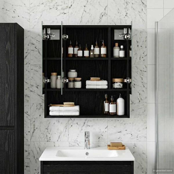 Badezimmerspiegelschrank Schwarz Eichen-Optik 60 x 14,5 x 70 cm