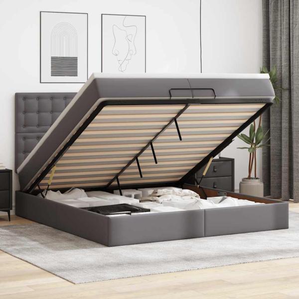 ARDEBO.de - Ottoman-Bett mit Matratzen & LEDs Grau 200x200 cm Kunstleder
