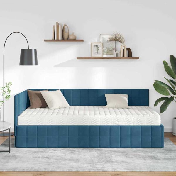 Eckbettgestell mit Matratze mit Kopfteil 2 Stk. Blau Samt