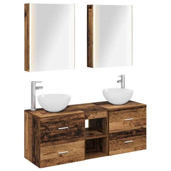 Badezimmermöbel-Set 5 stk. Altholz Ingenieurholz und Glas