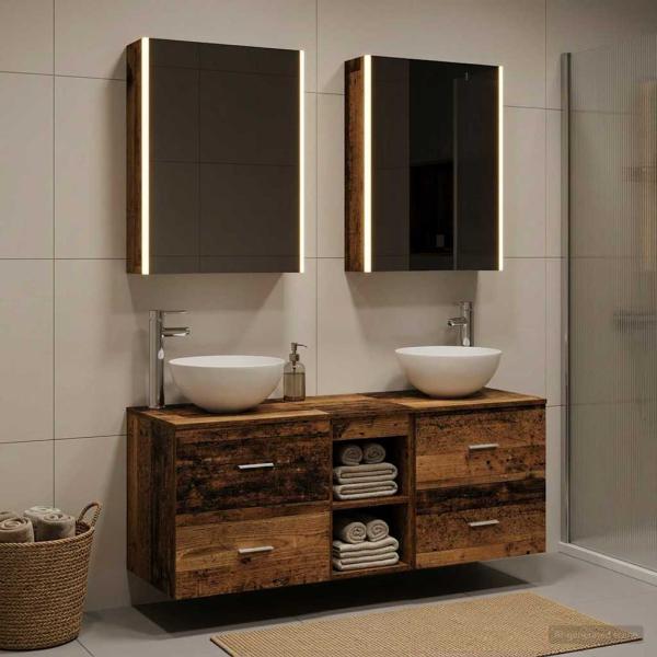 Badezimmermöbel-Set 5 stk. Altholz Ingenieurholz und Glas
