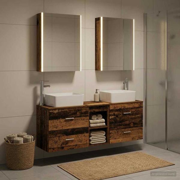 Badezimmermöbel-Set 5 stk. Altholz Ingenieurholz und Glas