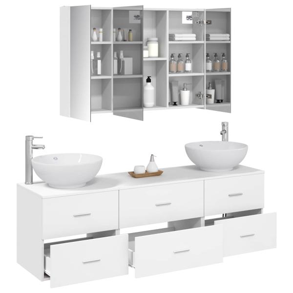 Badezimmermöbel-Set 4 stk. Weiß Ingenieurholz und Glas