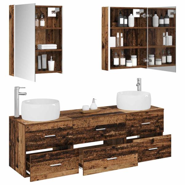 Badezimmermöbel-Set 5 stk. Altholz Ingenieurholz und Glas