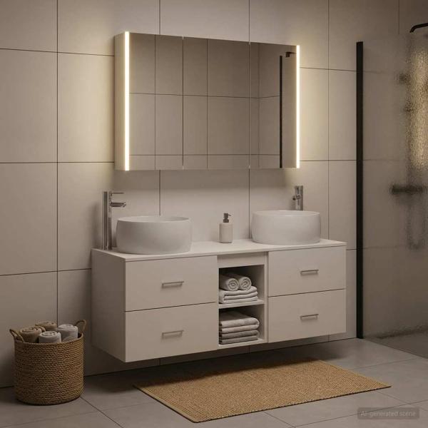 Badezimmermöbel-Set 4 stk. Weiß Ingenieurholz und Glas
