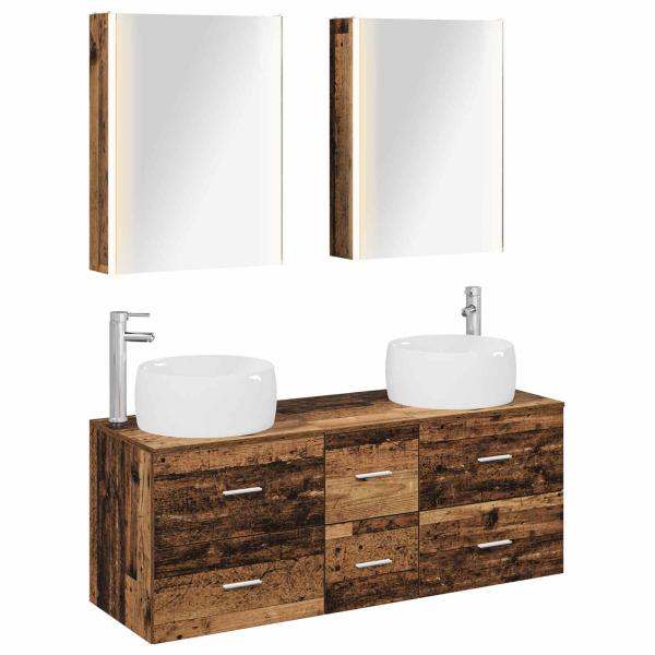 Badezimmermöbel-Set 5 stk. Altholz Ingenieurholz und Glas