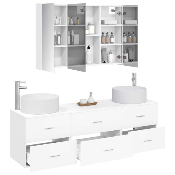 Badezimmermöbel-Set 4 stk. Weiß Ingenieurholz und Glas