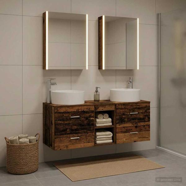 Badezimmermöbel-Set 5 stk. Altholz Ingenieurholz und Glas