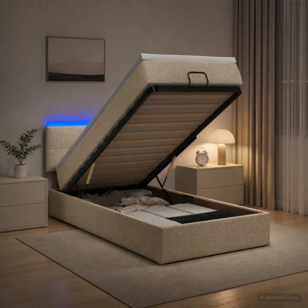 ARDEBO.de - Ottoman-Bett mit Matratze und LED Creme 100 x 200 cm Stoff