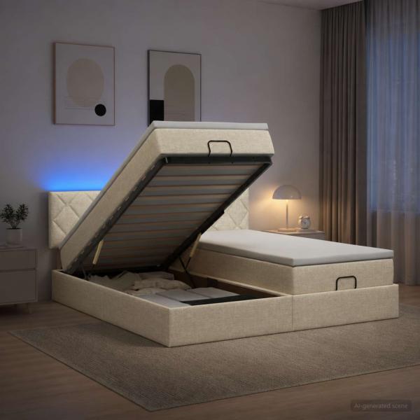 Ottoman-Bett mit Matratze und LED Creme 200 x 200 cm Stoff