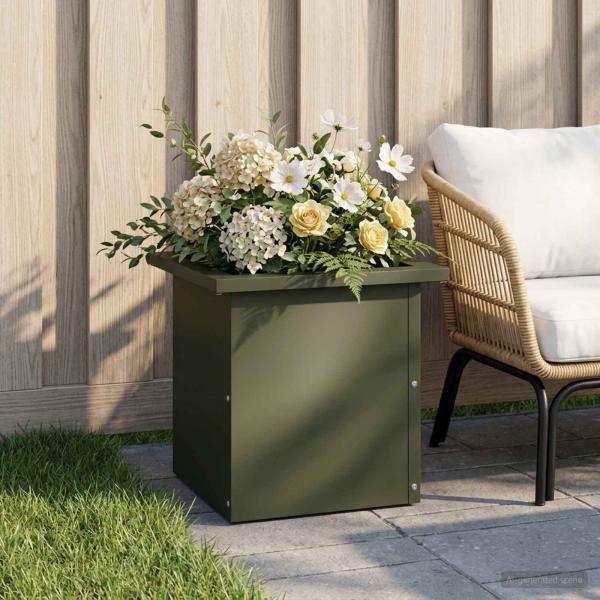 ARDEBO.de - Garten-Pflanzkübel mit LED Olivgrün 30 x 30 x 30 cm Stahl