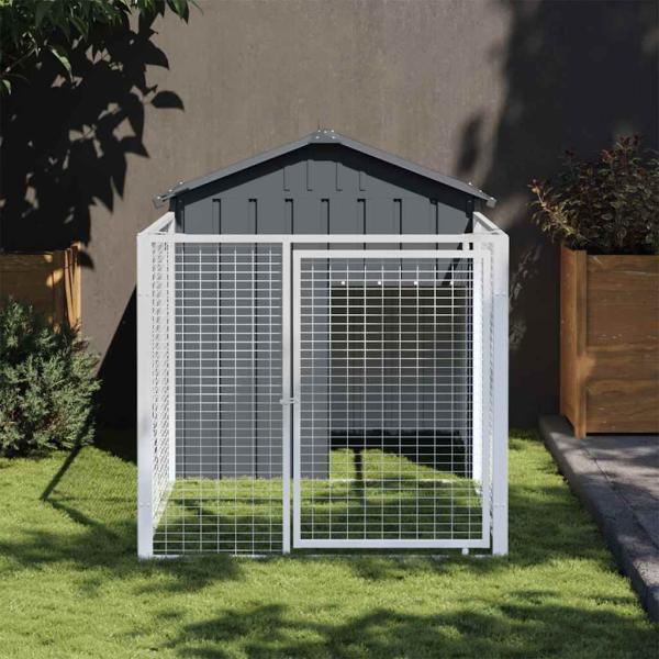 ARDEBO.de - Hundehütte mit Auslauf Anthrazit 117x201x123cm Verzinkter Stahl