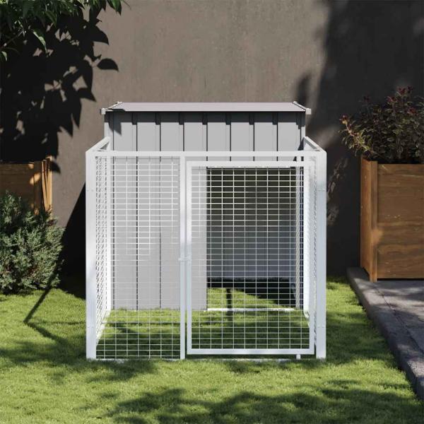 ARDEBO.de - Hundehütte mit Auslauf Hellgrau 110 x 201 x 110 cm Verzinkter Stahl