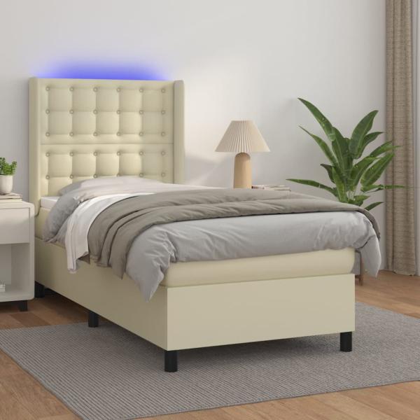 ARDEBO.de - Boxspringbett mit Matratze & LED Creme 90x190 cm Kunstleder