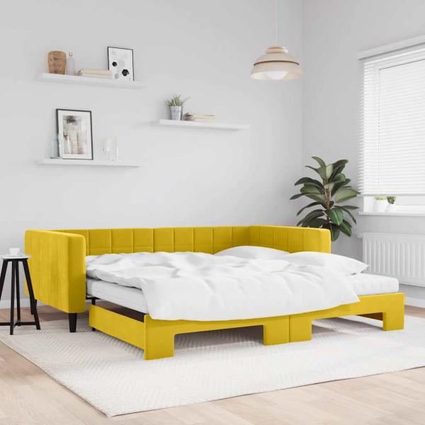 ARDEBO.de - Tagesbett Ausziehbar mit Matratzen Gelb 100x200 cm Samt
