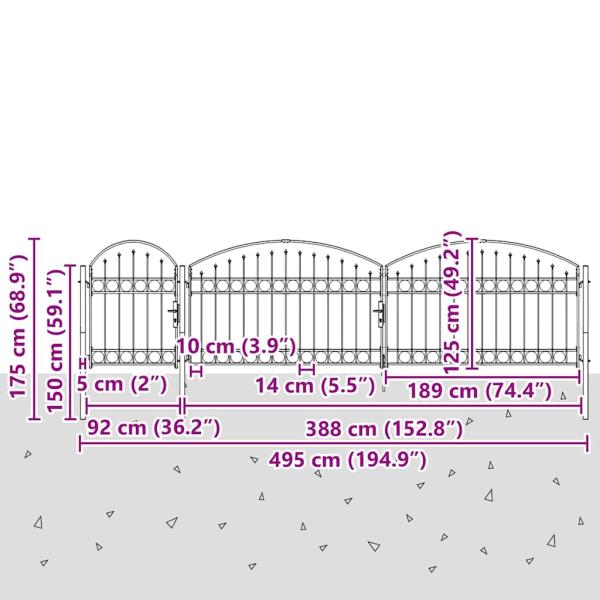 Gartentor mit Gewölbter Spitze Stahl 1,75 x 5 m Schwarz
