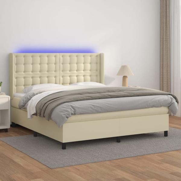 ARDEBO.de - Boxspringbett mit Matratze & LED Creme 180x200 cm Kunstleder