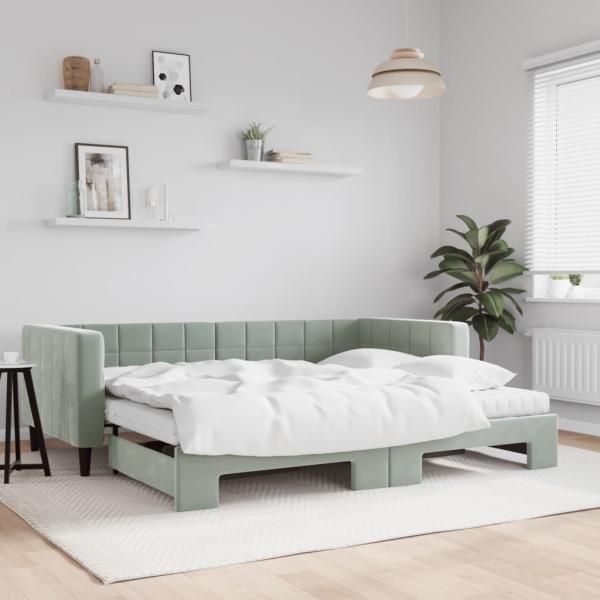 ARDEBO.de - Tagesbett Ausziehbar mit Matratzen Hellgrau 90x190 cm Samt