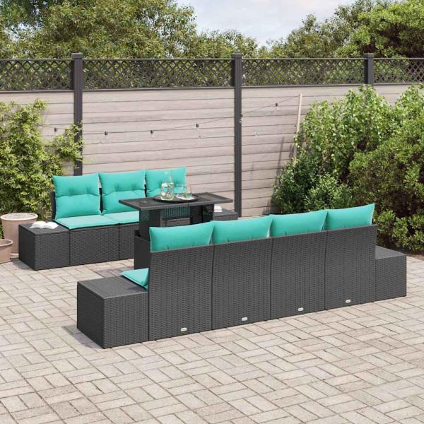 Sofa Set 8 stk. 7-Sitzanzahl Schwarz und Blau Poly-Rattan