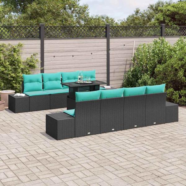 Gartensofa-set 9 stk. 8-Sitzanzahl Schwarz und Blau Poly-Rattan