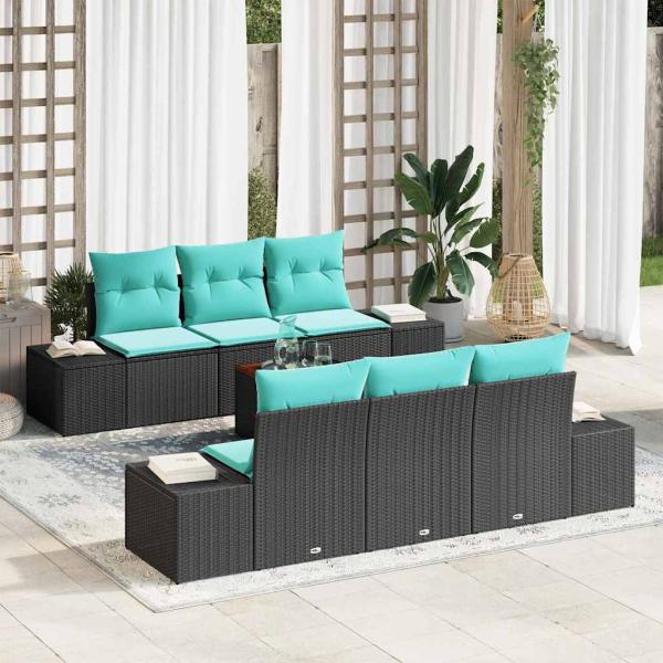 ARDEBO.de - Gartensofa-set 7 stk. Schwarz und Türkis Poly-Rattan