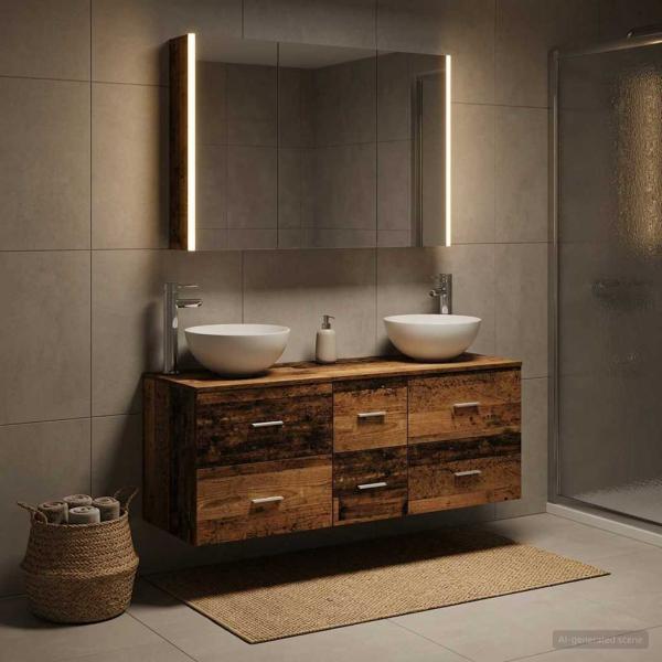 Badezimmermöbel-Set 4 stk. Altholz Ingenieurholz und Glas