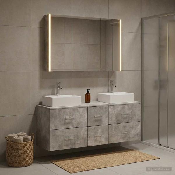 ARDEBO.de - Badezimmermöbel-Set 4 stk. Betongrau Ingenieurholz und Glas
