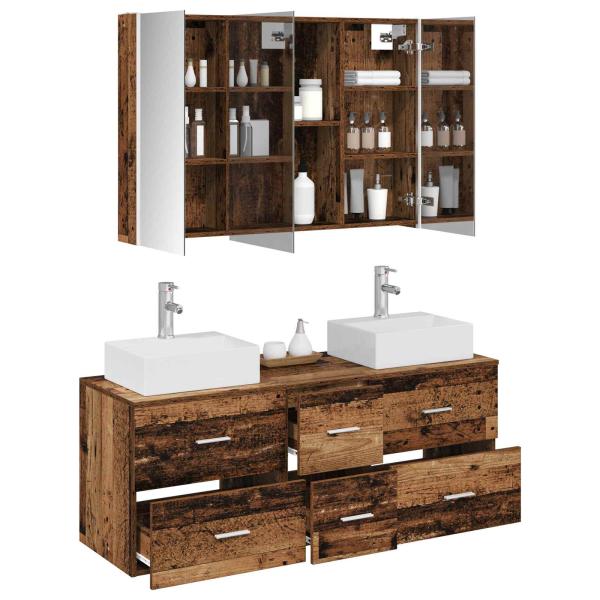 Badezimmermöbel-Set 4 stk. Altholz Ingenieurholz und Glas