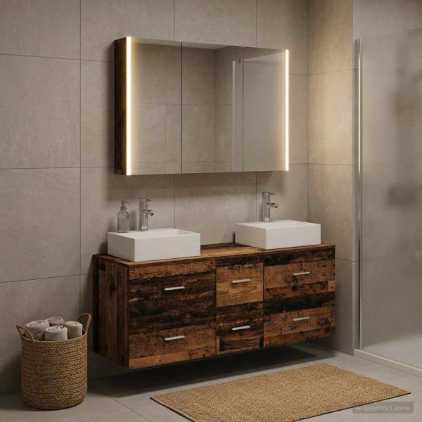 Badezimmermöbel-Set 4 stk. Altholz Ingenieurholz und Glas