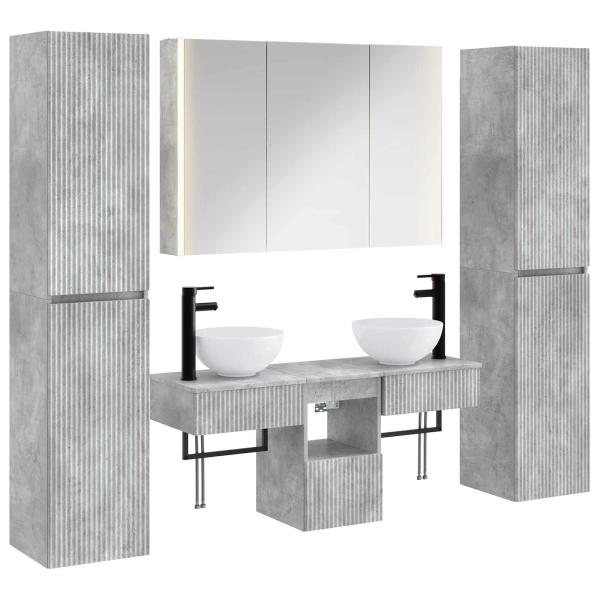 Badezimmermöbel-Set 6 stk. Betongrau Ingenieurholz und Glas