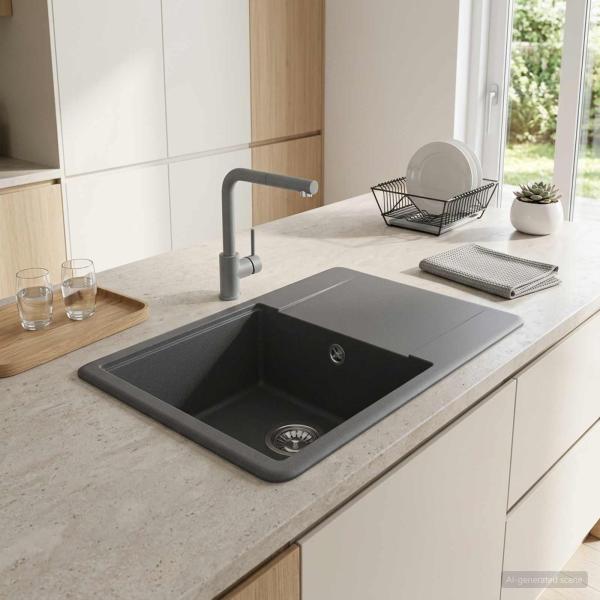 ARDEBO.de - Küchenspüle mit einem Becken Granit 56 x 46 x 19 cm Graphit