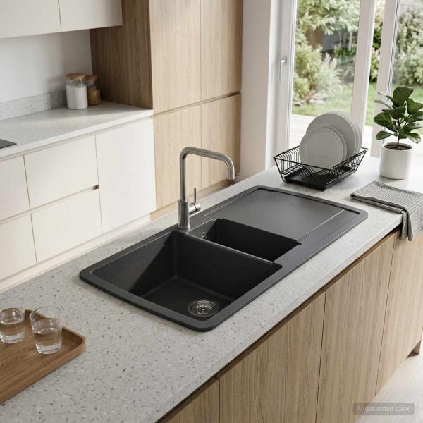 ARDEBO.de - Küchenwaschbecken Doppelbecken Granit 96 x 50 x 31 cm Graphit