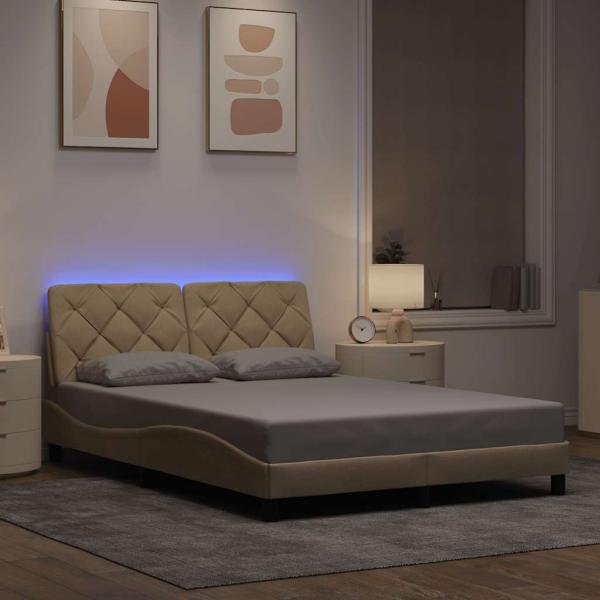 ARDEBO.de - Bettgestell mit LED ohne Matratze Creme 140x200 cm Stoff