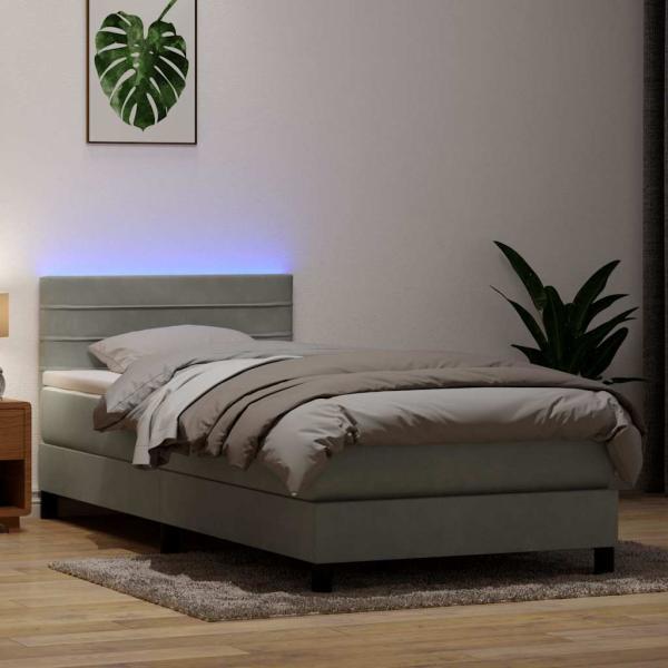 ARDEBO.de - Boxspringbett mit Matratze & LED Hellgrau 80x220 cm Samt