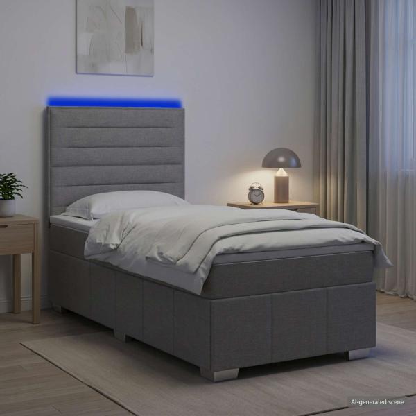 ARDEBO.de - LED Boxspringbett mit Matratze Hellgrau 90 x 200 cm Stoff