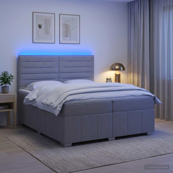 ARDEBO.de - LED Boxspringbett mit Matratze Hellgrau 200 x 200 cm Stoff