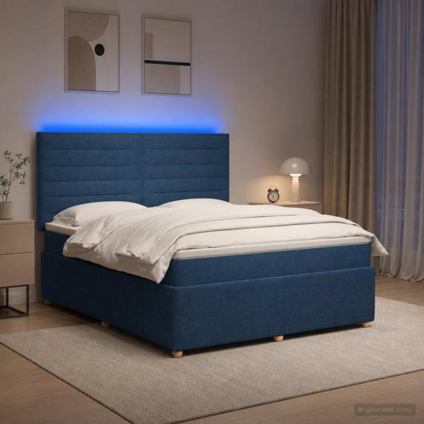 LED Boxspringbett mit Matratze Blau 160 x 200 cm Stoff