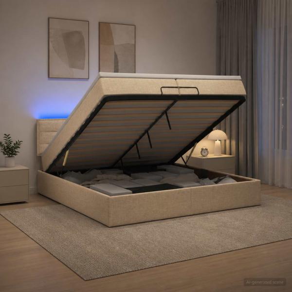 ARDEBO.de - Ottoman-Bett mit Matratze und LED Creme 200 x 200 cm Stoff